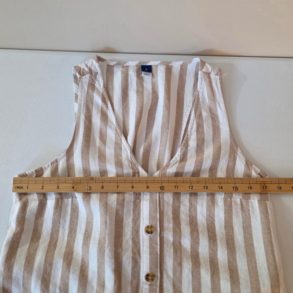 Old Navy Midi Dress Womens Medium Tan Striped Linen Blend Lace Up Back Pockets - Picture 7 of 10